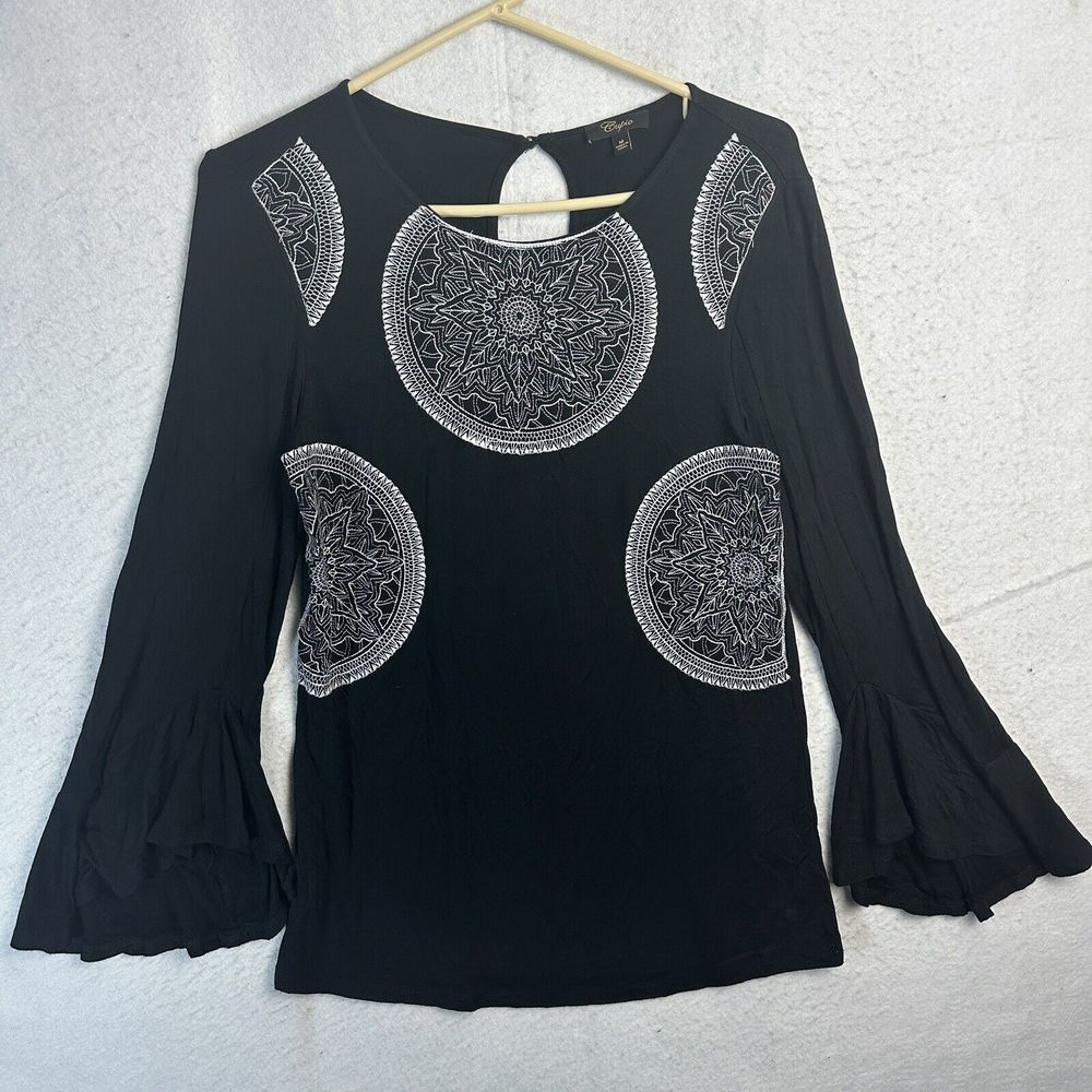 Cupio Blouse Women Medium Black Mandala Pattern Keyhole Back Flared Long Sleeve